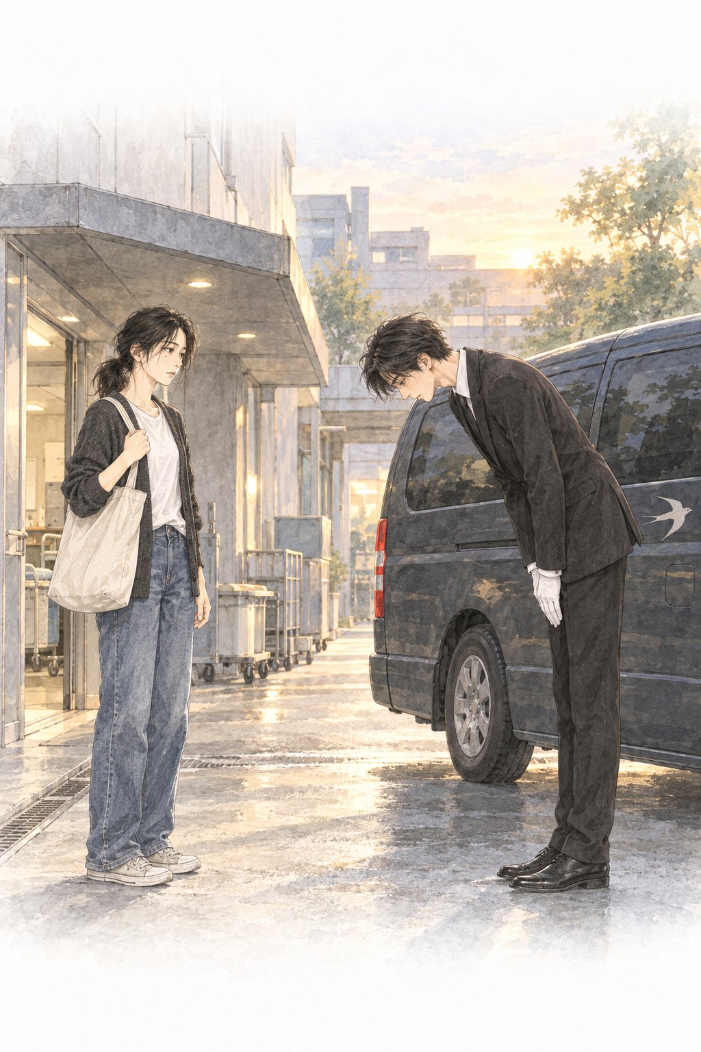 早朝の病院の裏口。ツバメの小さな印だけの濃い灰色の寝台車。その前で深く頭を下げる背の高い青年。