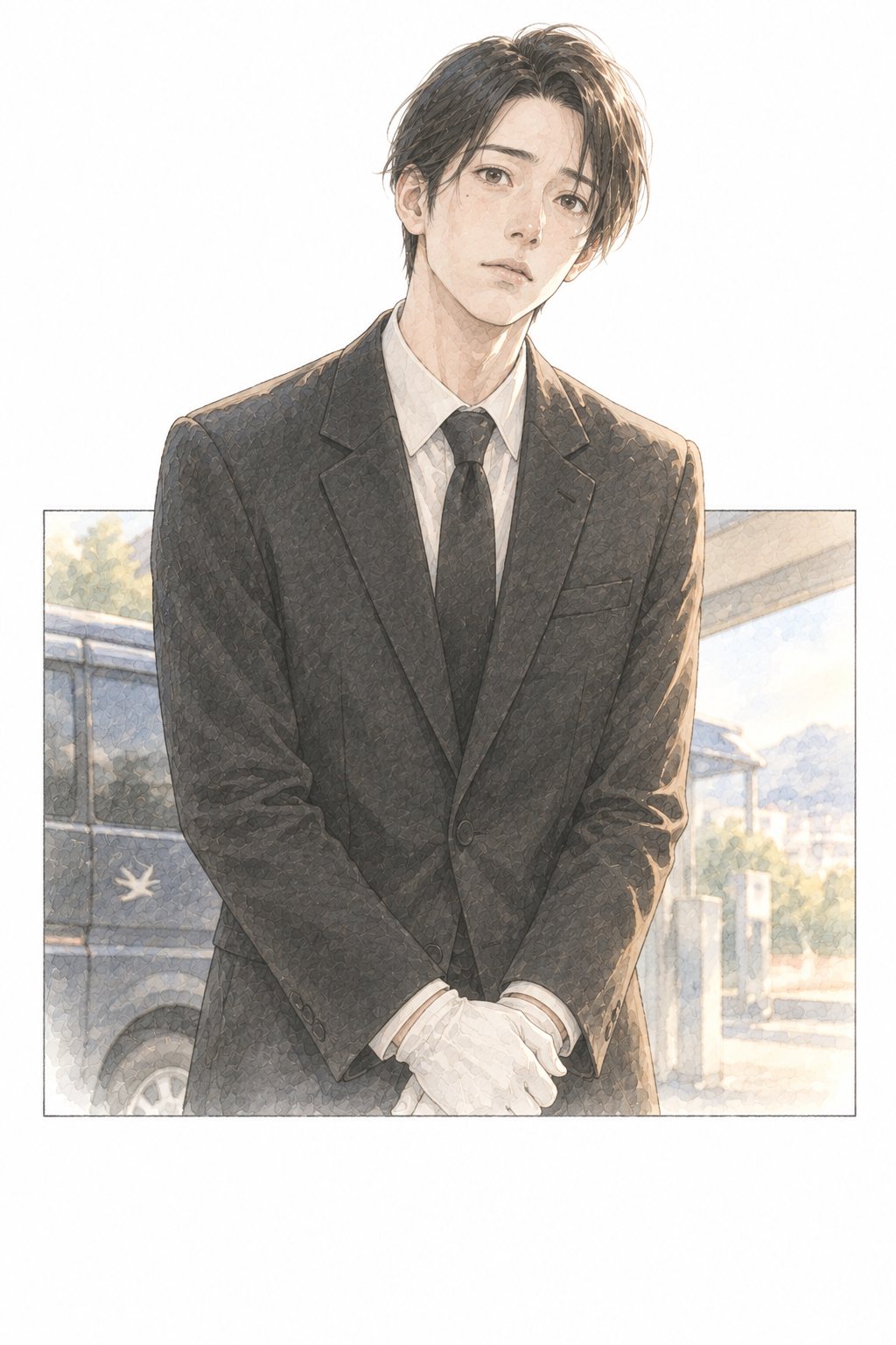白い手袋の背の高い青年が、悲しみをこらえた真剣な目でこちらを見る。