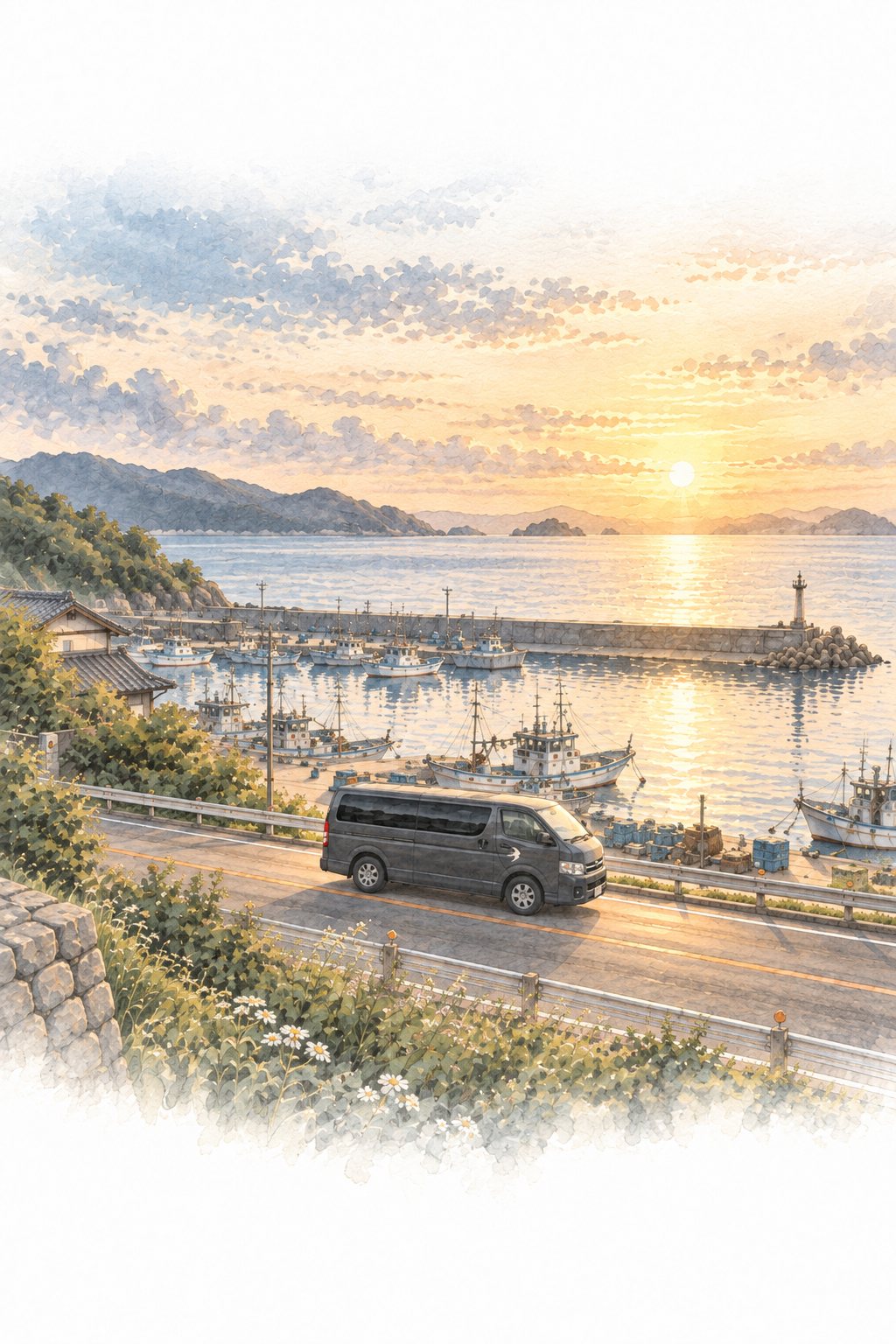 朝日の海沿いの道を走る寝台車。漁港と、光る海。