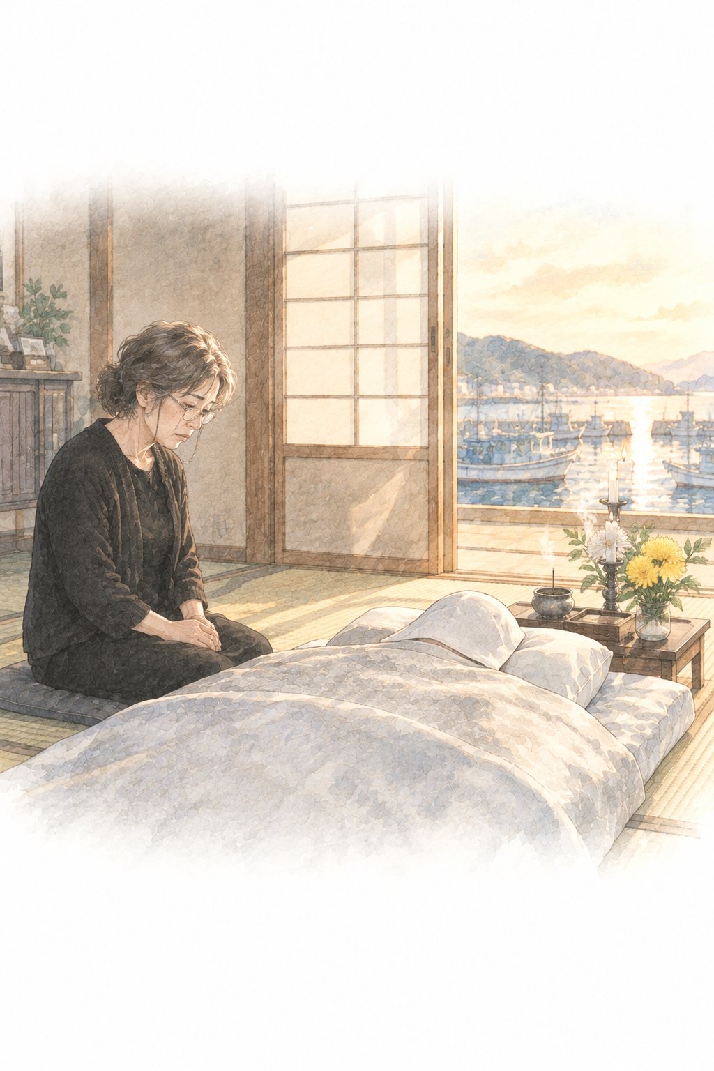 朝の光が障子から差す和室。白い布団に寝かされた父と、枕元の小さな机のろうそく・線香・白い小菊。そばに座る母。
