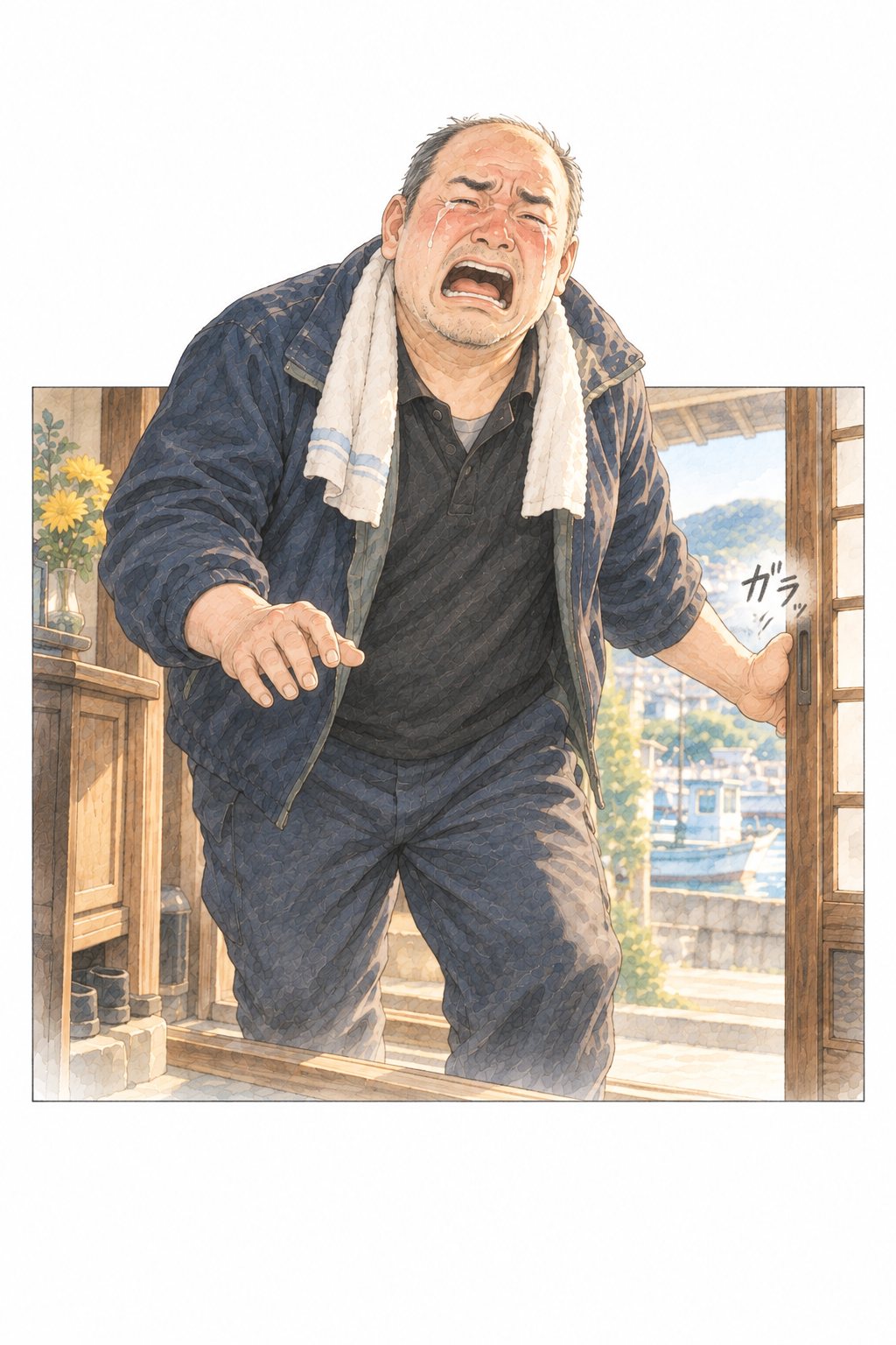 玄関の戸を開けて飛び込んでくる大柄な赤ら顔の男。紺の作業ジャンパー、泣き顔。「ガラッ」の描き文字。