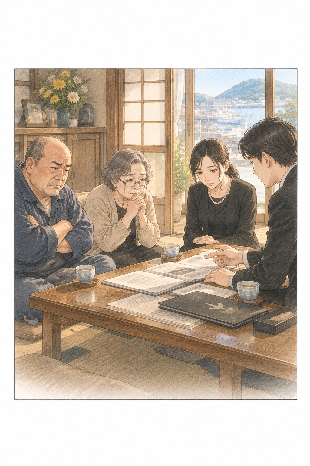 朝の居間。低い机を囲む叔父・母・小春と、書類を広げる柏木。
