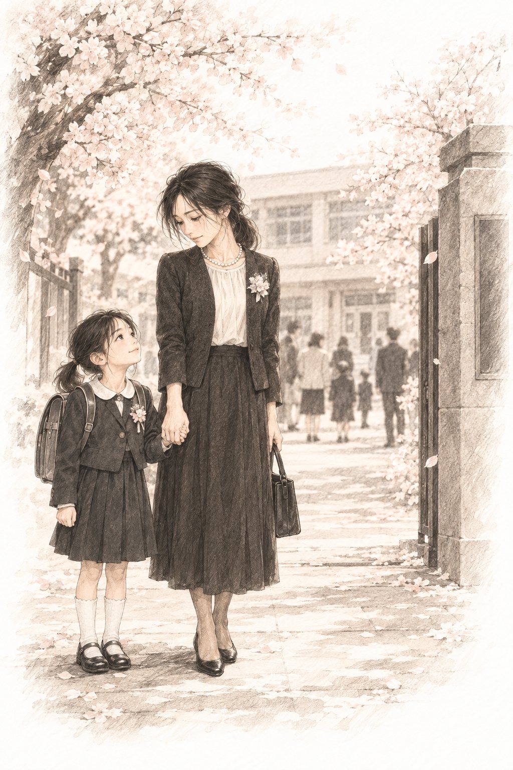 回想(鉛筆のセピア)。入学式の校門の前で、母と手をつないで立つ少女。隣に父はいない。