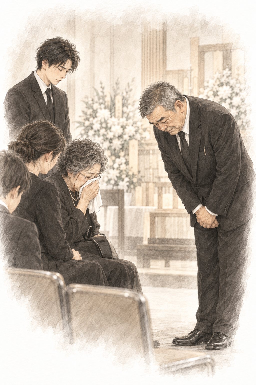 回想(鉛筆のセピア)。黒い礼服の父が、泣き崩れる遺族に深く頭を下げている。