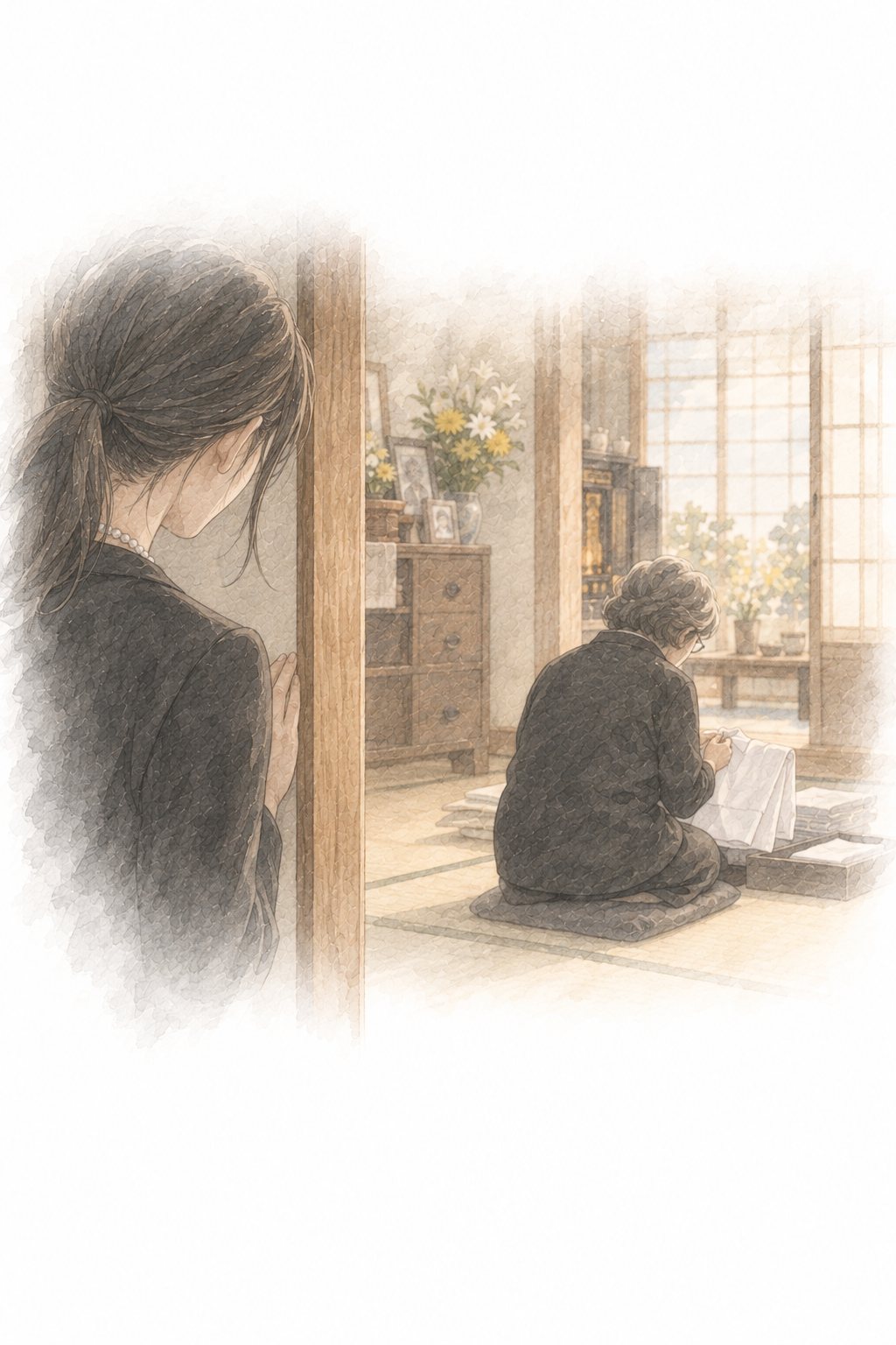 隣の部屋で、父のシャツをたたむ母の小さな背中。戸口からそれを見ている小春。
