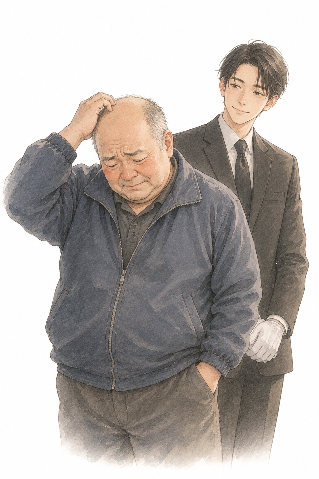 はげ頭をかいてぶつぶつ言う叔父。その後ろで小さくほほえむ柏木。