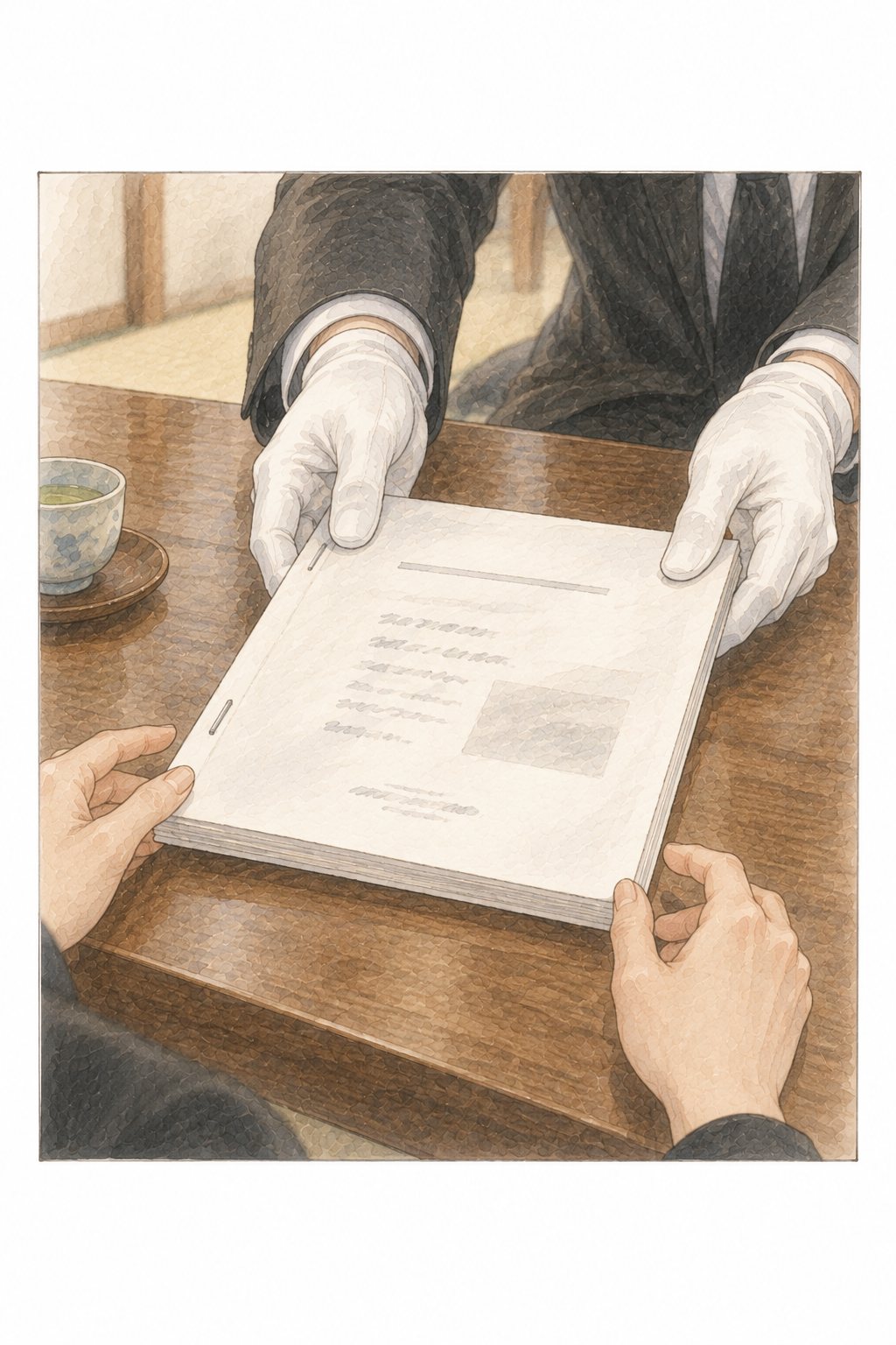 低い机の上で、厚い見積書を小春の方へそっと滑らせる柏木の白い手袋の手。
