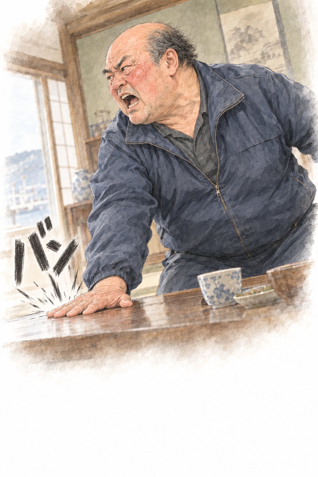 机を叩いて身を乗り出す赤ら顔の叔父。「バン」の描き文字。