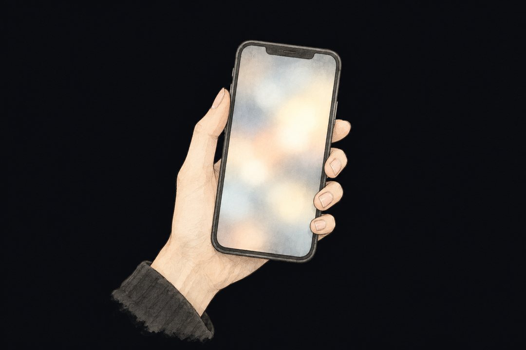 手の中のスマートフォン。画面はぼんやりした光だけ。