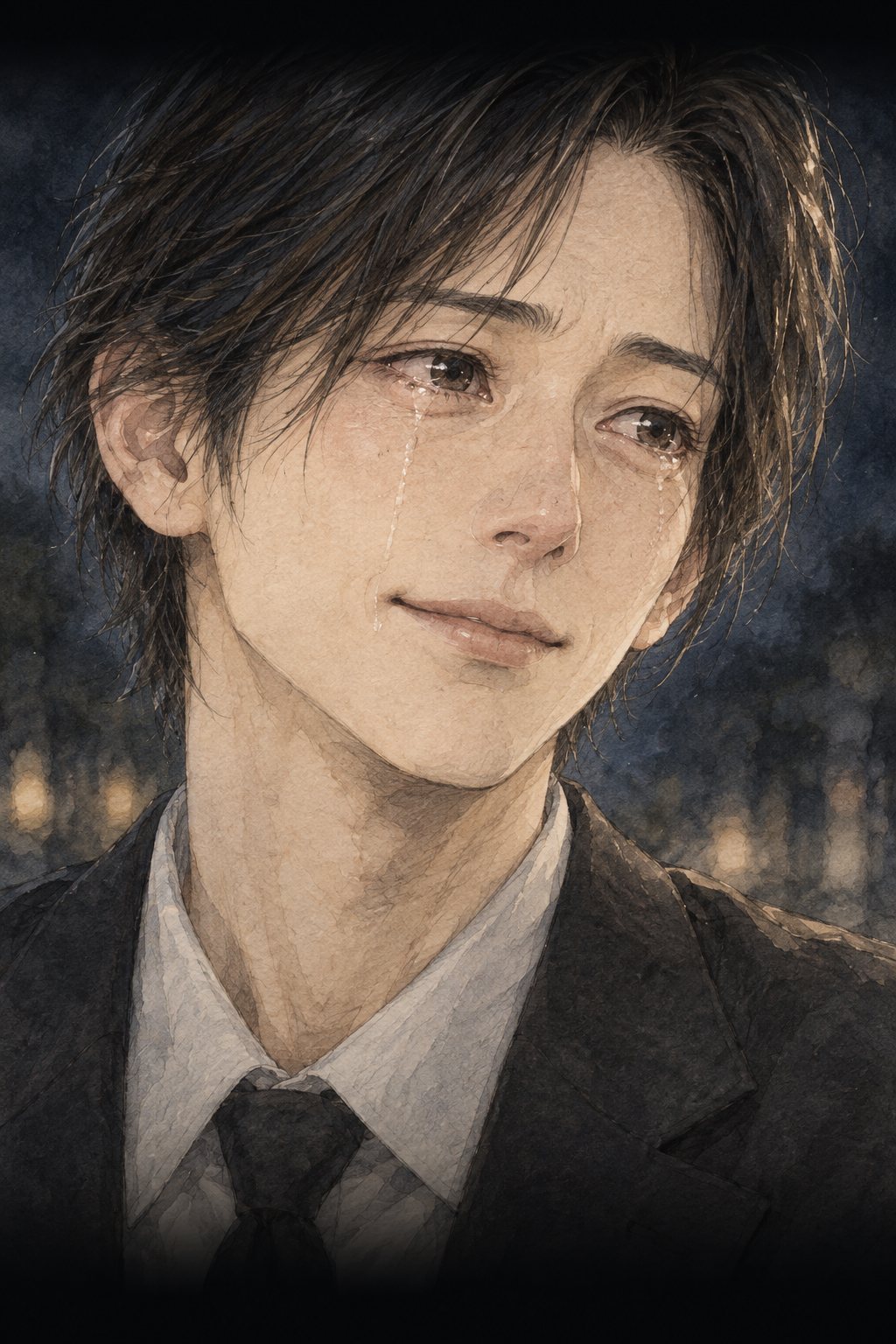 目に涙をにじませて、少し笑う柏木の顔の寄り。