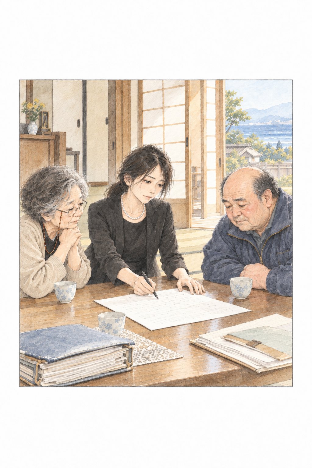 翌朝の居間。書き直した紙を母と叔父の前に置き、会議のように説明する小春。