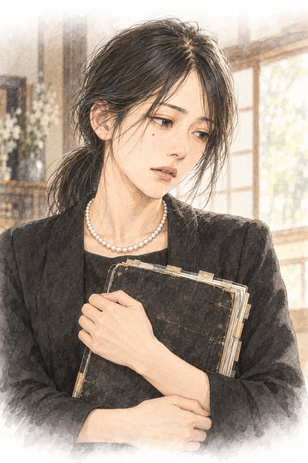 手帳を持ったまま、息をのむ小春の顔の寄り。