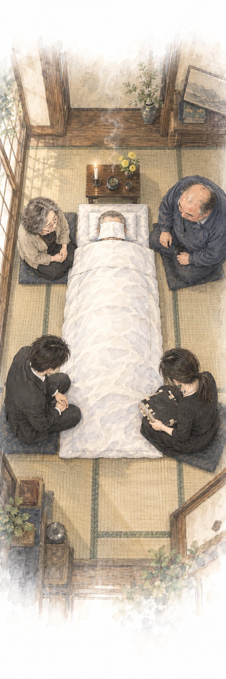 上から見た和室。眠る父の布団のまわりに小さく座る三人と柏木。小春の手に手帳。