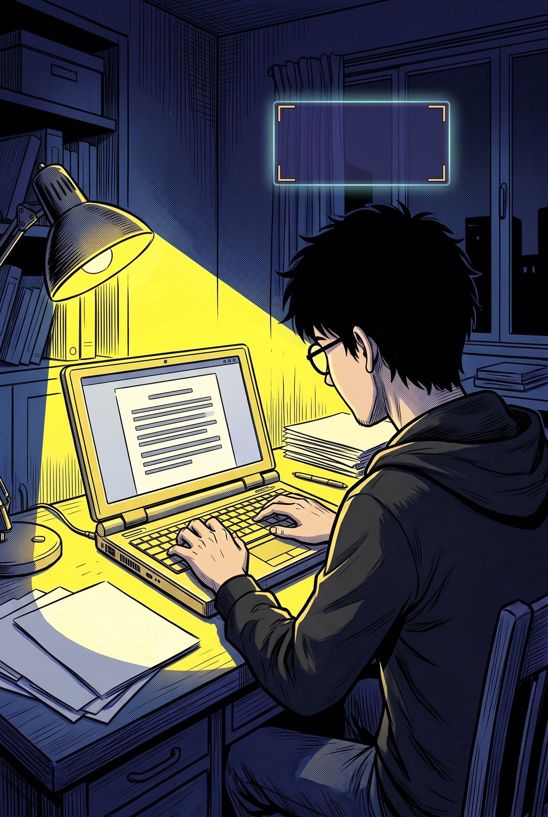 夜の部屋で、下書きの資料を開く僕。頭の上に空の〈窓〉。