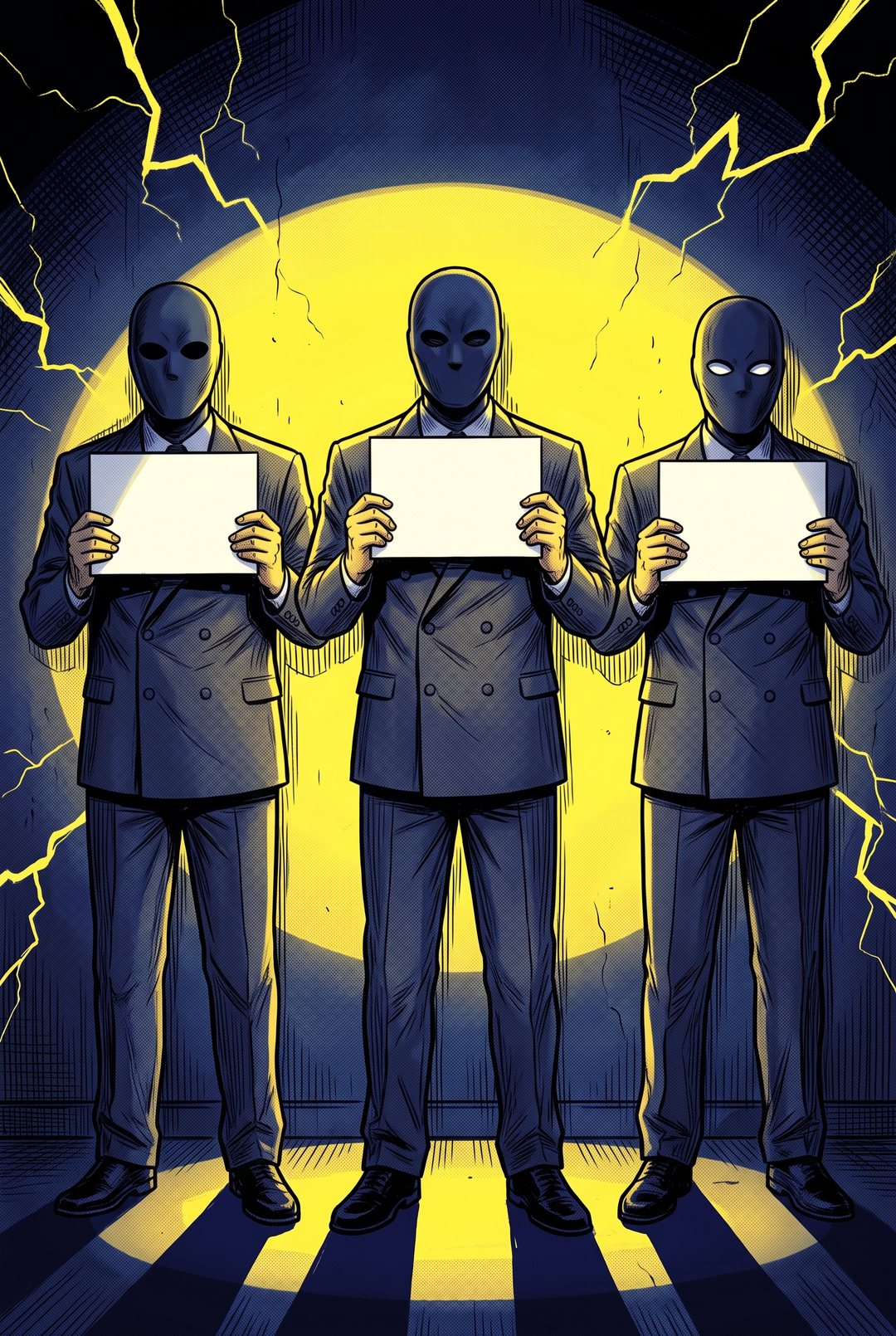 容疑者の列。仮面をつけた3人の影。