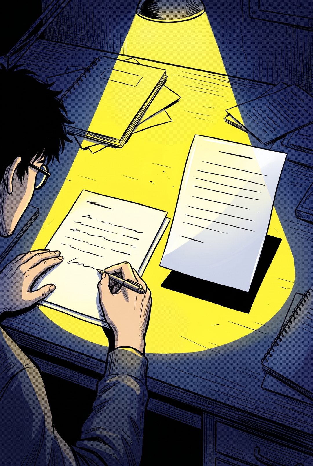 二枚の紙を並べて照らす。左の紙の後ろには書いた人の手、右の紙の後ろには誰もいない。