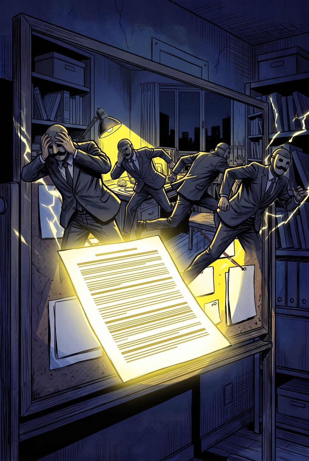 書き直された紙が光り、仮面の容疑者たちが入る場所を失って逃げていく。