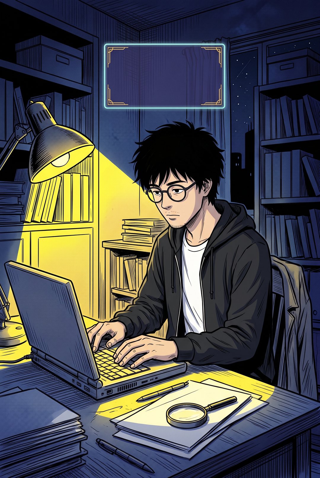 夜の机。ノート PC で文章を書く僕。頭の上に空の〈窓〉。椅子にコートが掛かる。
