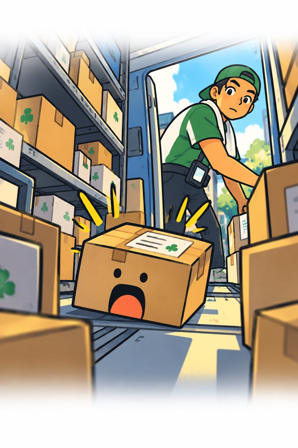 トラックの荷台。棚にぎっしり積まれた大小の段ボール箱。真ん中の茶色い箱に、驚いた点の目と大きく開いた口が浮かんでいる。