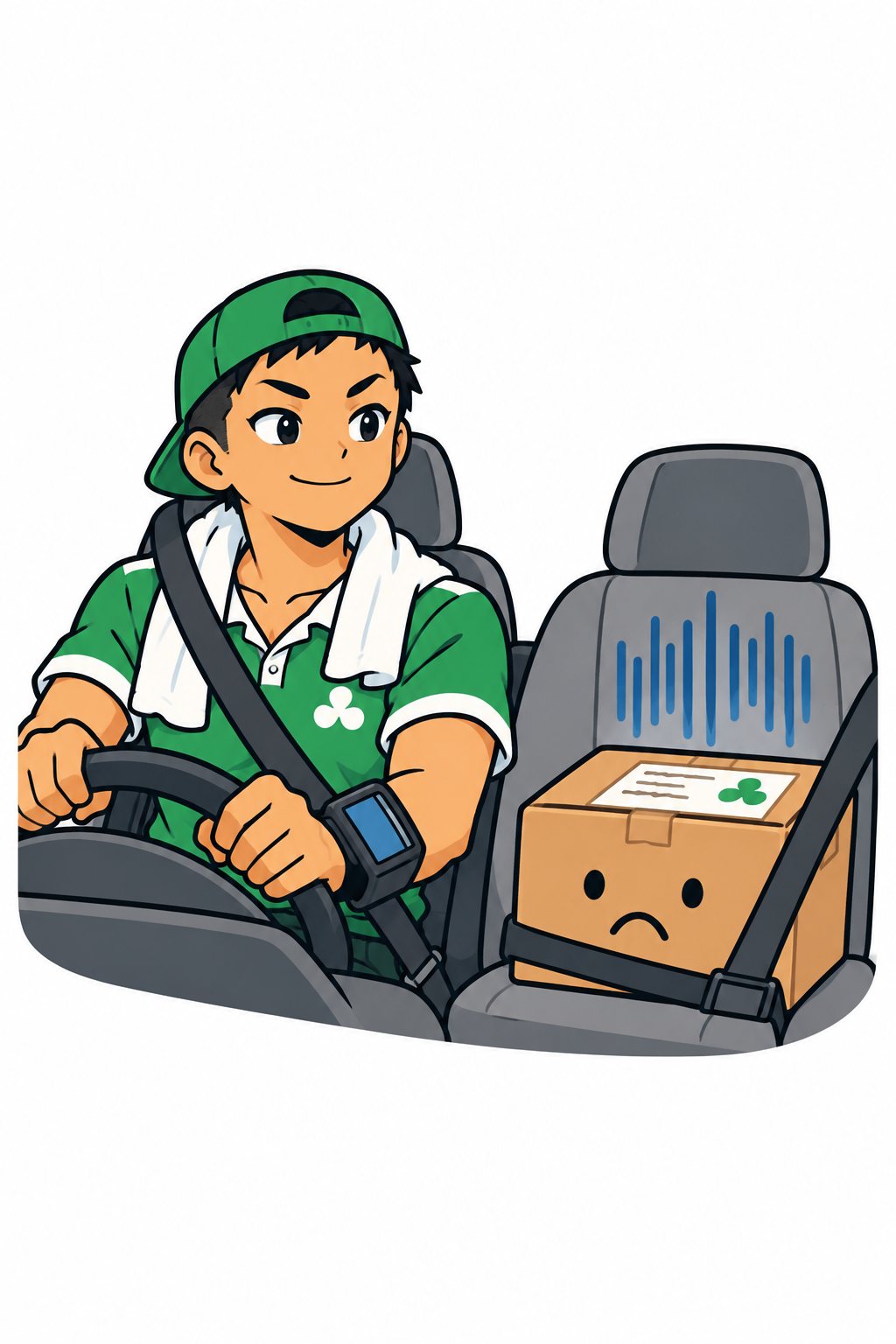 助手席でどんよりと縦線を背負う箱。運転席のドライバーは前を向いたまま、口の端で笑っている。