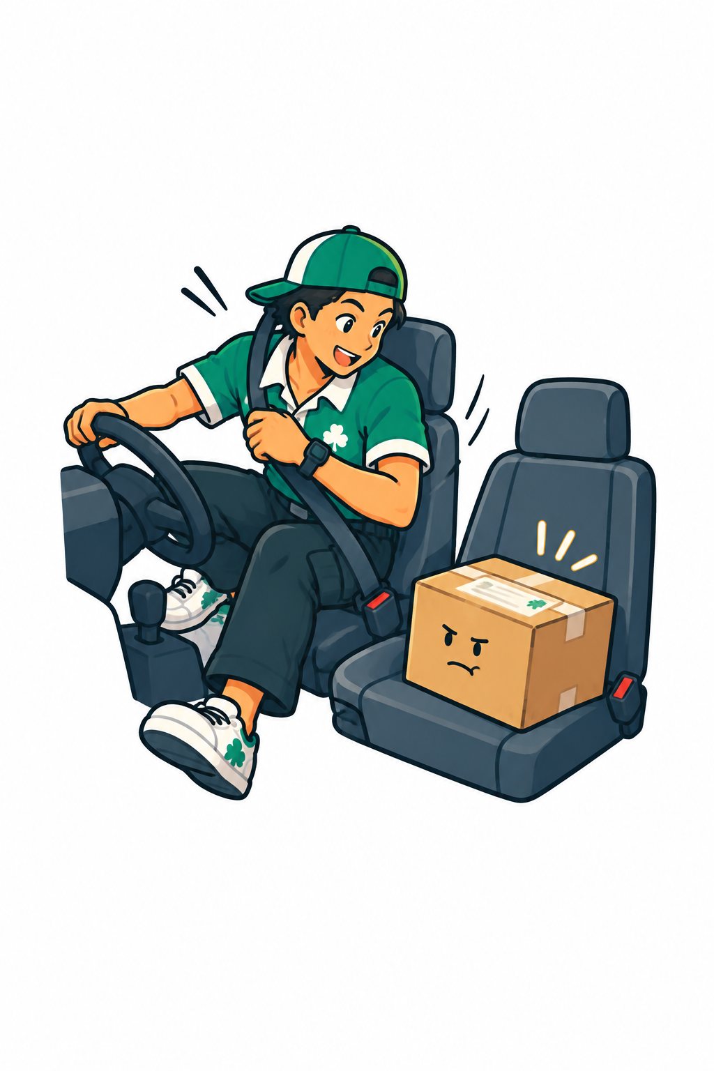 ひと跳びで運転席に乗りこむドライバー。助手席に置かれた箱の点の目が、それを見上げている。