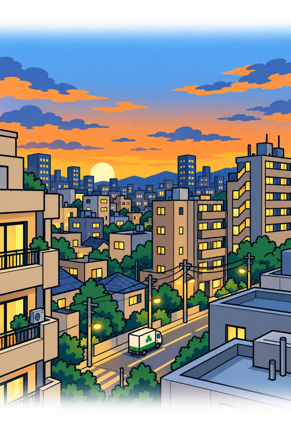 夕暮れの町。マンションの窓に、ひとつ、またひとつと明かりがともる。小さく、緑と白のトラック。