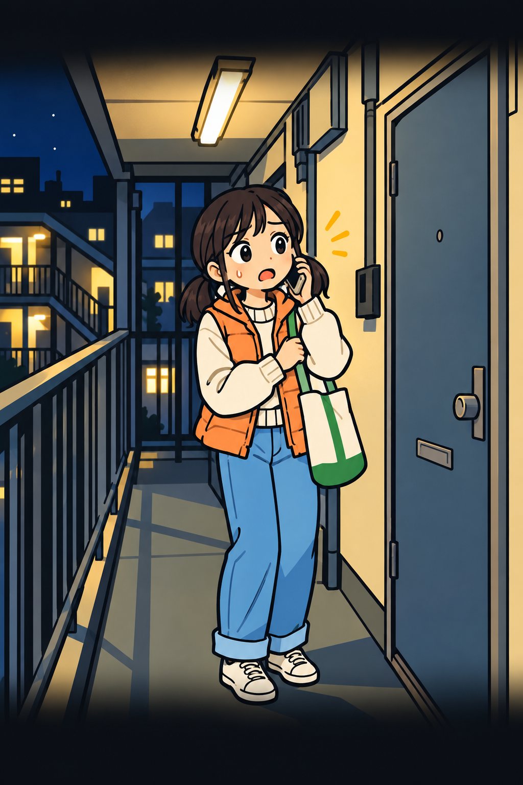 20時57分、コーポ柊の二階の廊下。二〇三号室の前に、スマホを耳に当てた小柄な若い女性が立っている。