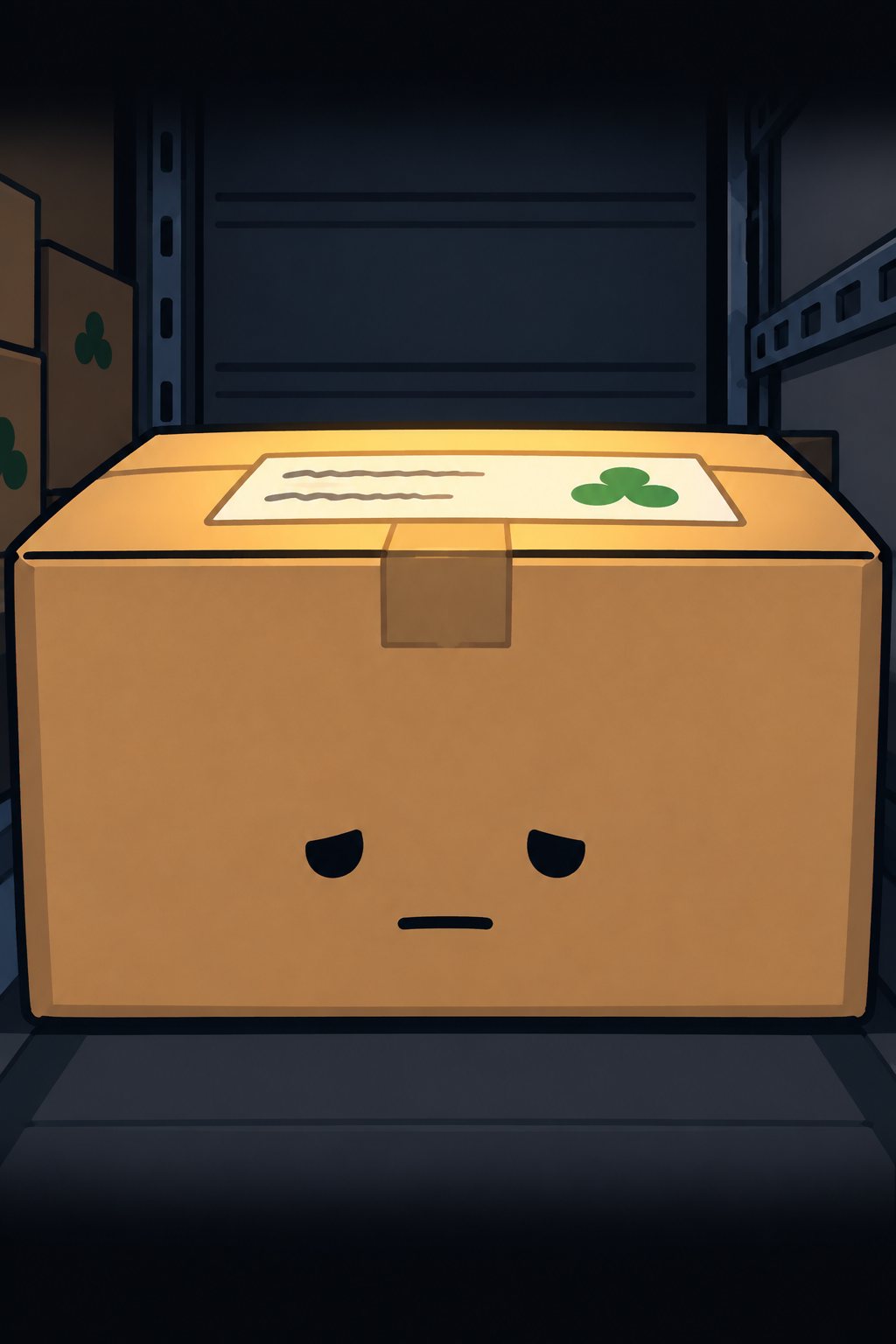 荷台の暗がりで、うつむく箱。点の目が下を向き、黄色いかすかな光が箱の上に落ちている。