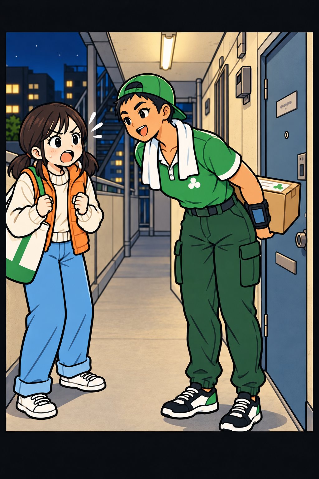 夜の廊下。妹と箱の間に一歩入り、箱を背中に回して軽く頭を下げるドライバー。丁寧な笑顔。