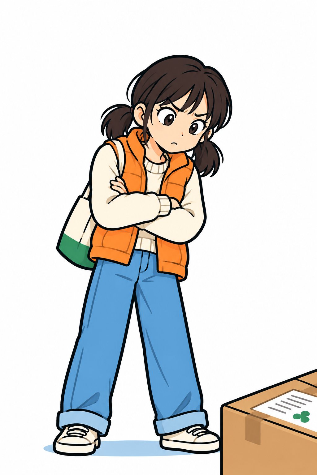 腕を組み、眉を寄せて箱をにらむ妹。