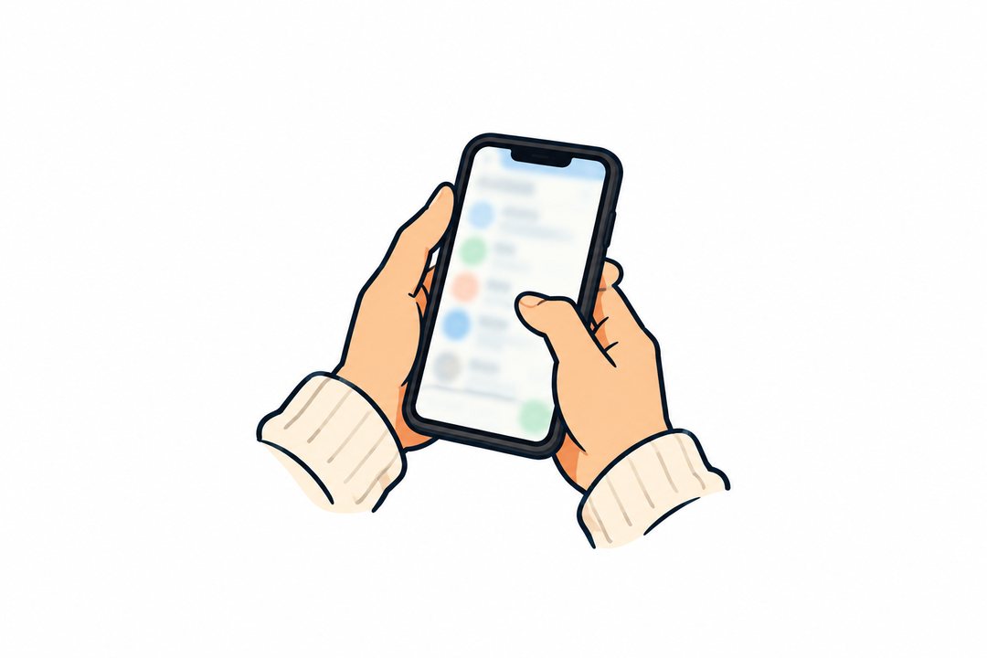 兄のスマホを両手で持つ妹の手。画面はぼやけた光だけ。親指が止まっている。