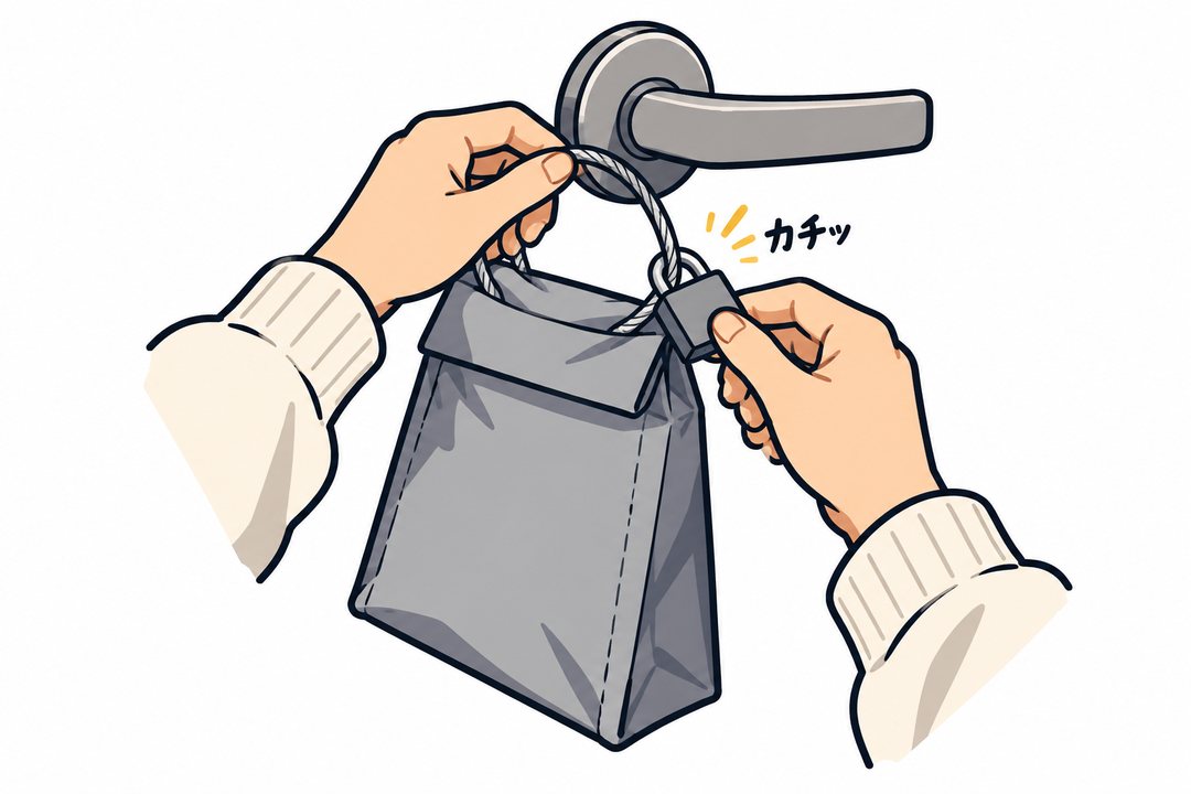 二〇三号室のドアノブに、灰色の置き配の袋のワイヤーを掛けて鍵をかける妹の手。「カチッ」の描き文字。
