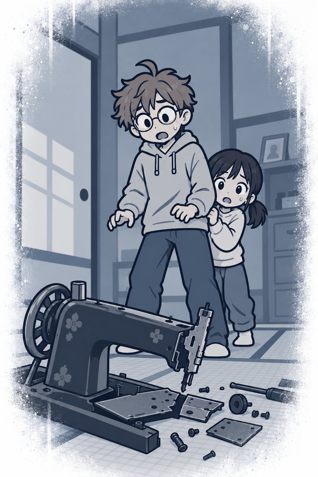 回想。子どものころの兄妹。こわれたミシンの前で、小学生の兄が青ざめ、幼い妹が兄の背中に隠れている。