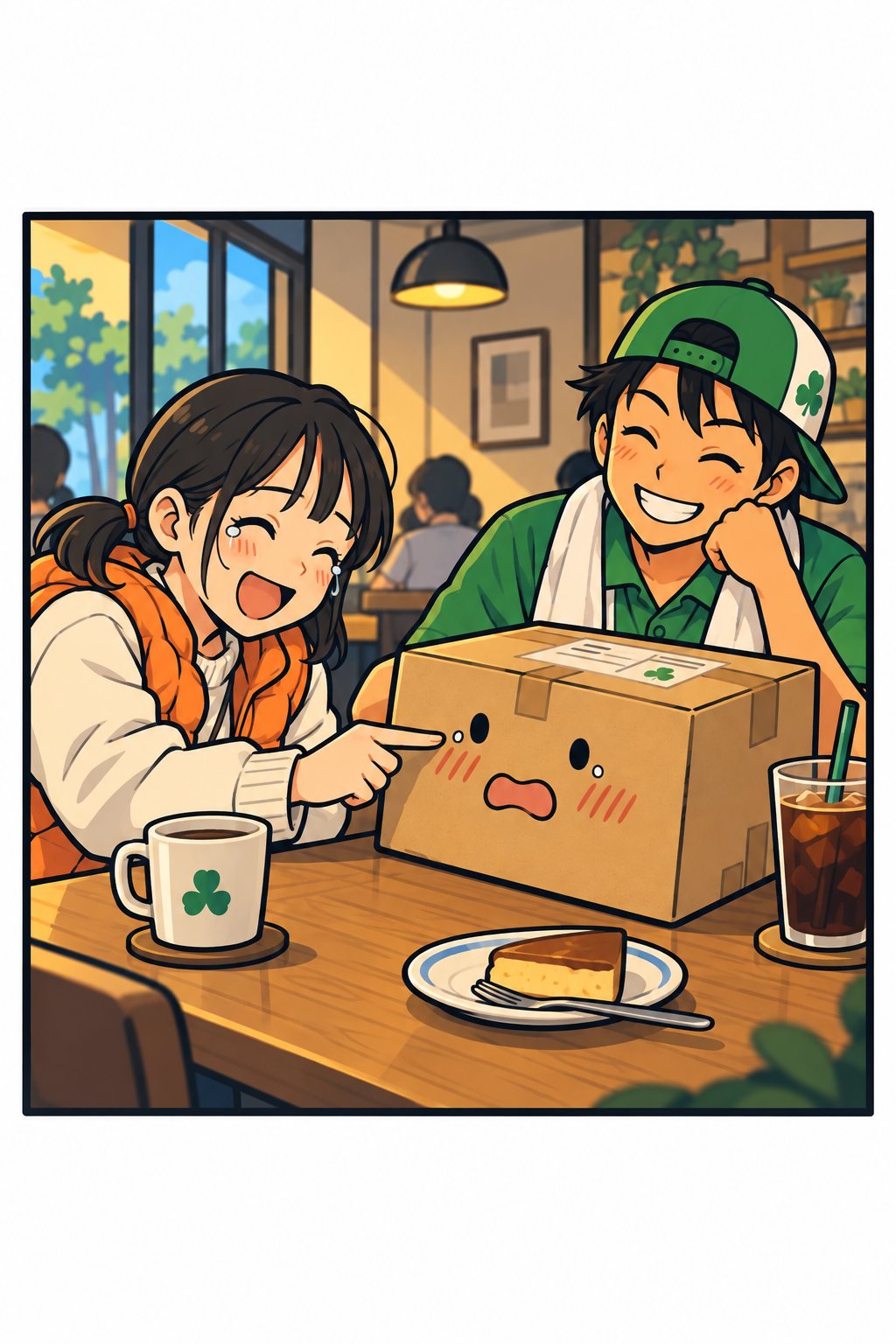 喫茶店のテーブル。妹が指で箱をつつき、ドライバーがにやりと笑う。箱の点の目は照れている。