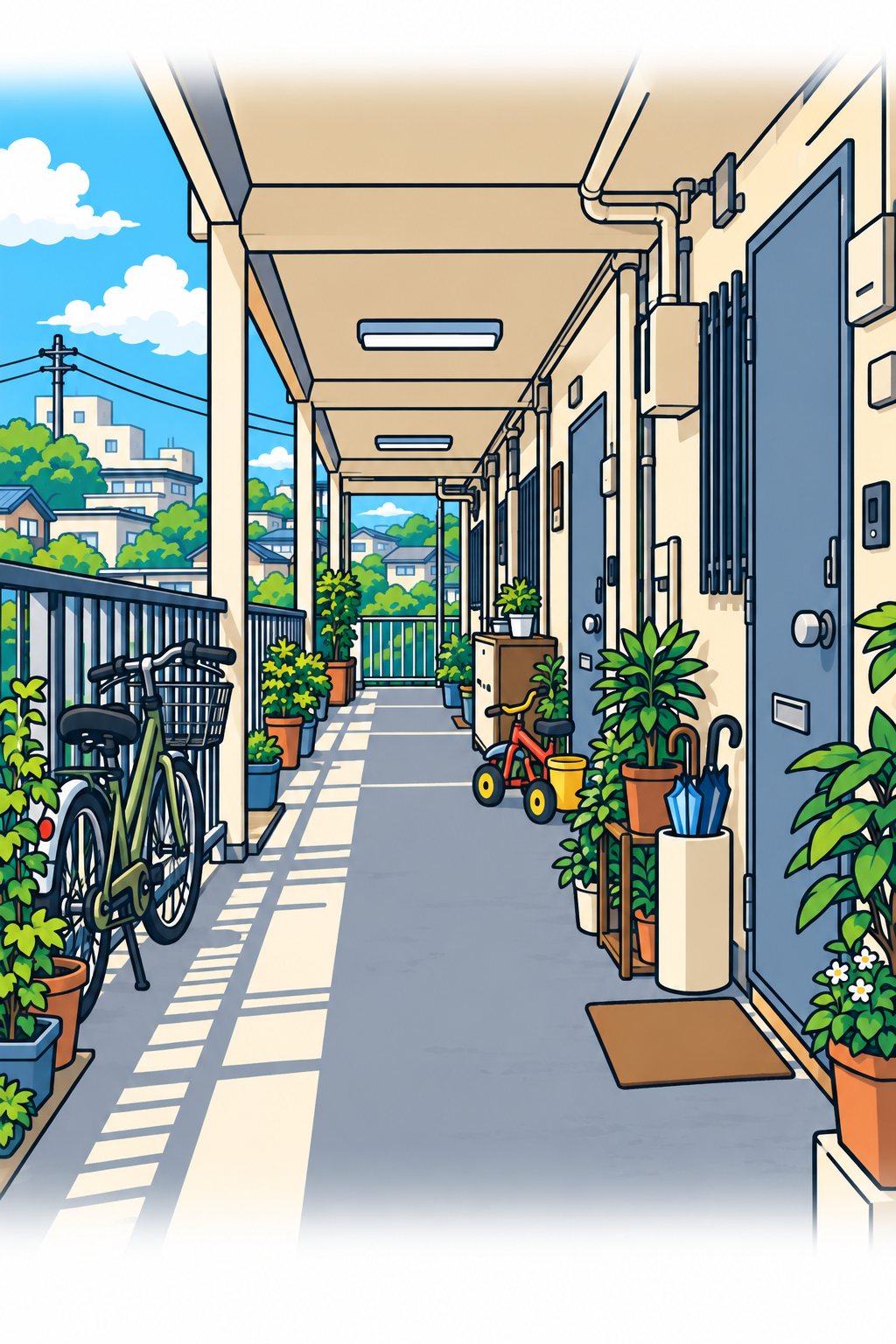 昼のマンションの外廊下。各部屋の前に自転車、植木鉢、傘立て。奥まで続く、みんなの通り道。
