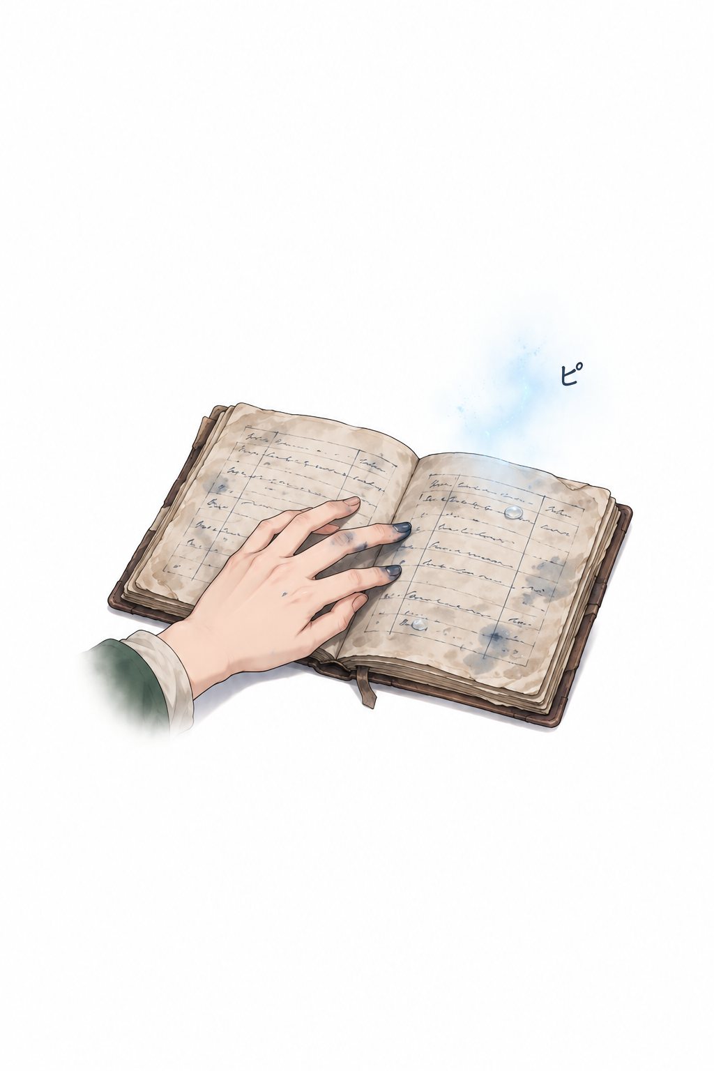 濡れた帳面に置いた手。その先の何もない空中が、かすかに光る。「ピ」の描き文字。