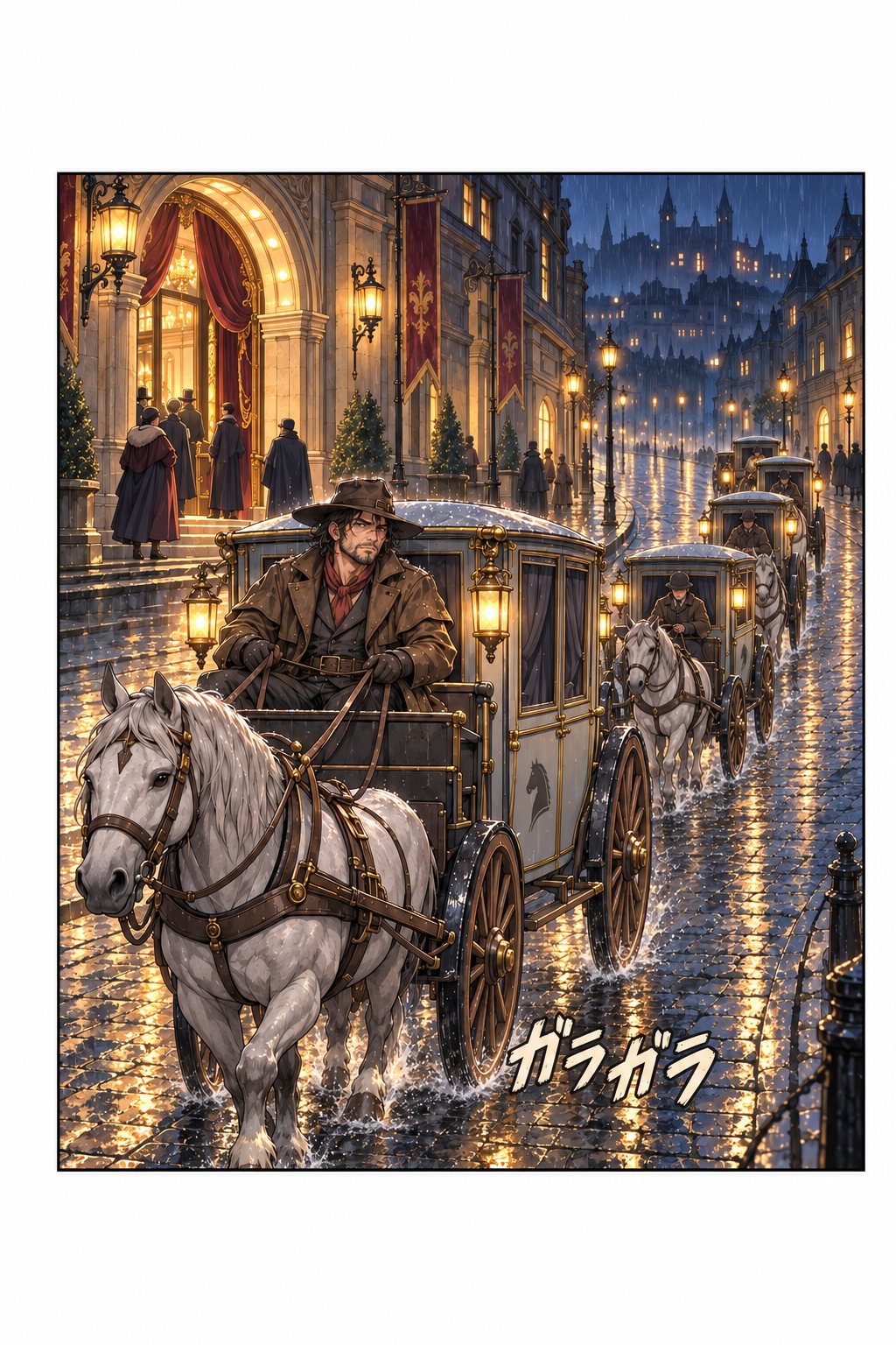 雨の通りに、灰色の辻馬車が列になって入ってくる。先頭の御者台にガロ。「ガラガラ」の描き文字。