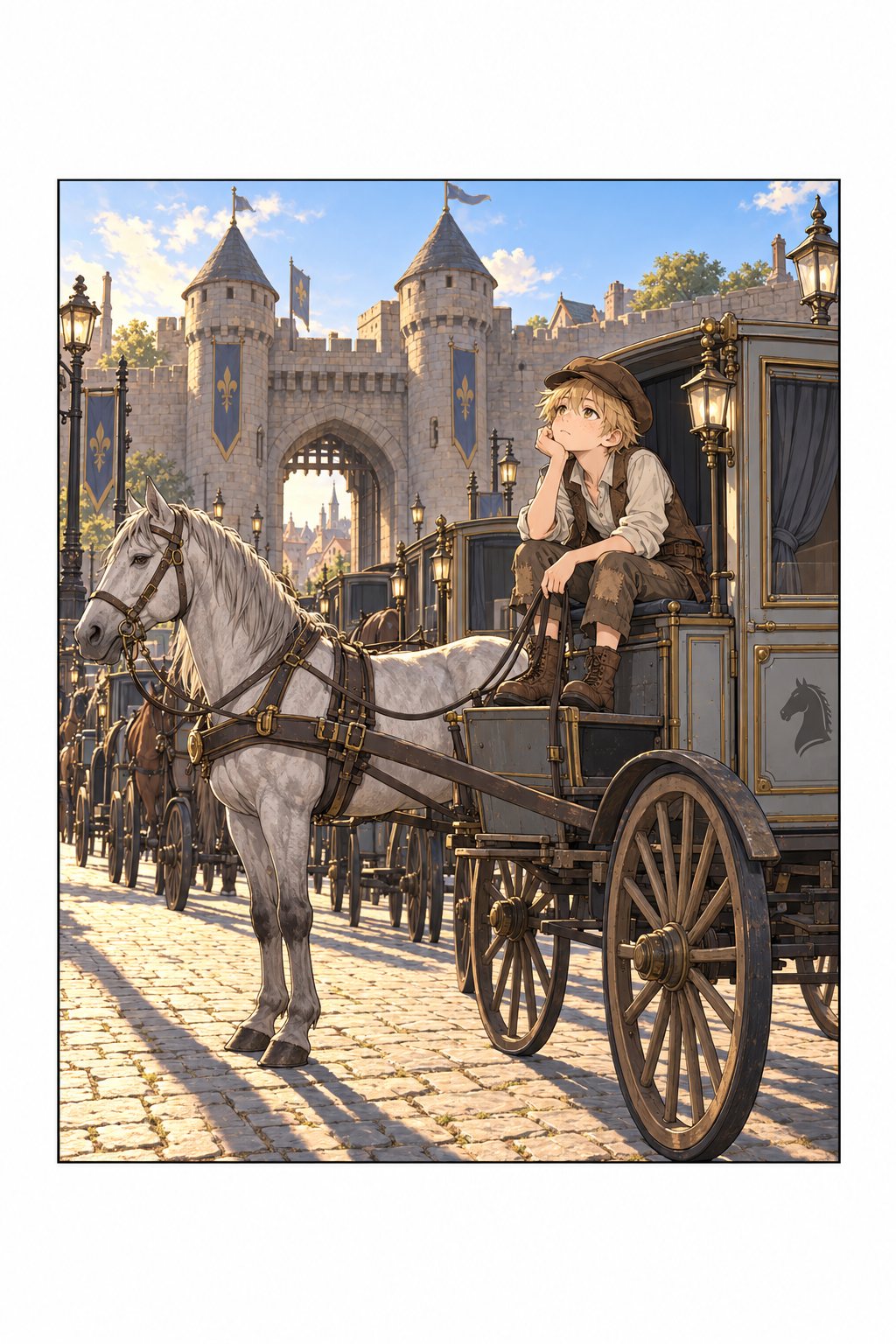 馬車溜まりの列で、御者台に座ったまま退屈そうに空を見上げるピム。日の影が長く伸びている。