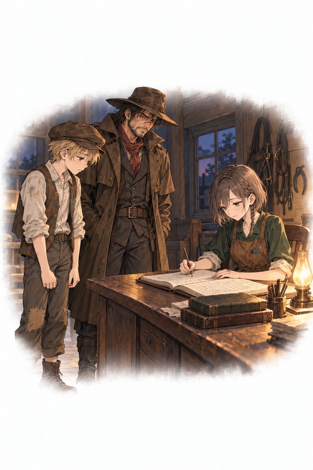 夕方の馬小屋。疲れた顔のガロとピムの前で、チカが帳面に数字を書き込む。