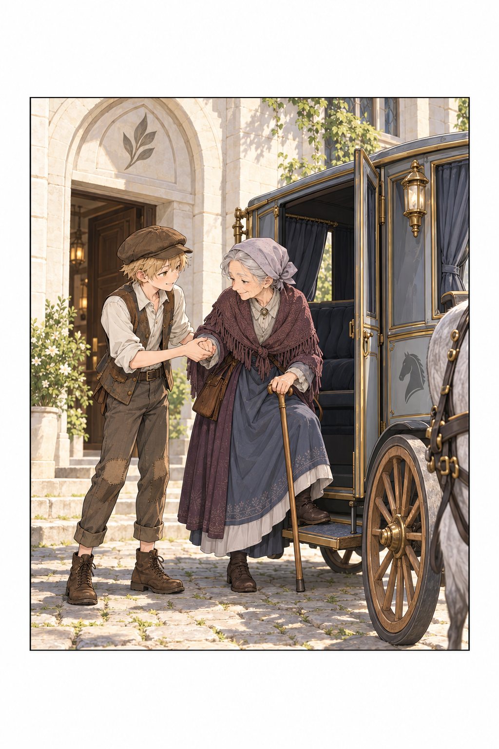 施療院の入口で、杖の老婦人の手を取って馬車に乗せるピム。