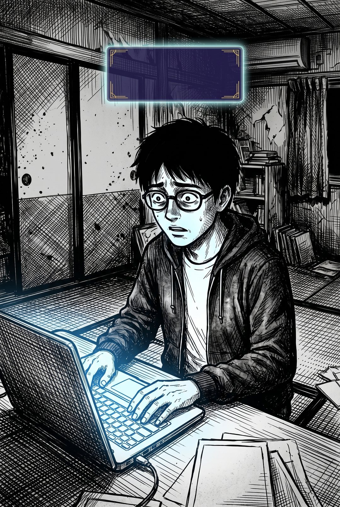 夜の部屋。ノート PC の青い光だけがともり、僕が画面に向かう。頭の上に空の〈窓〉。