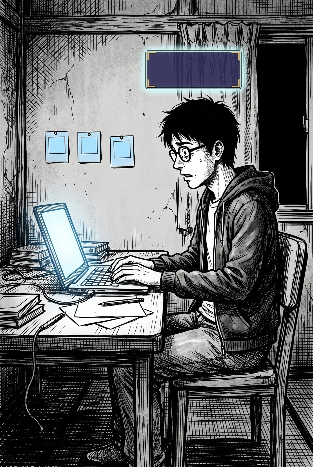 夜の机。ノート PC で文章を書く僕。頭の上に空の〈窓〉が淡く光る。
