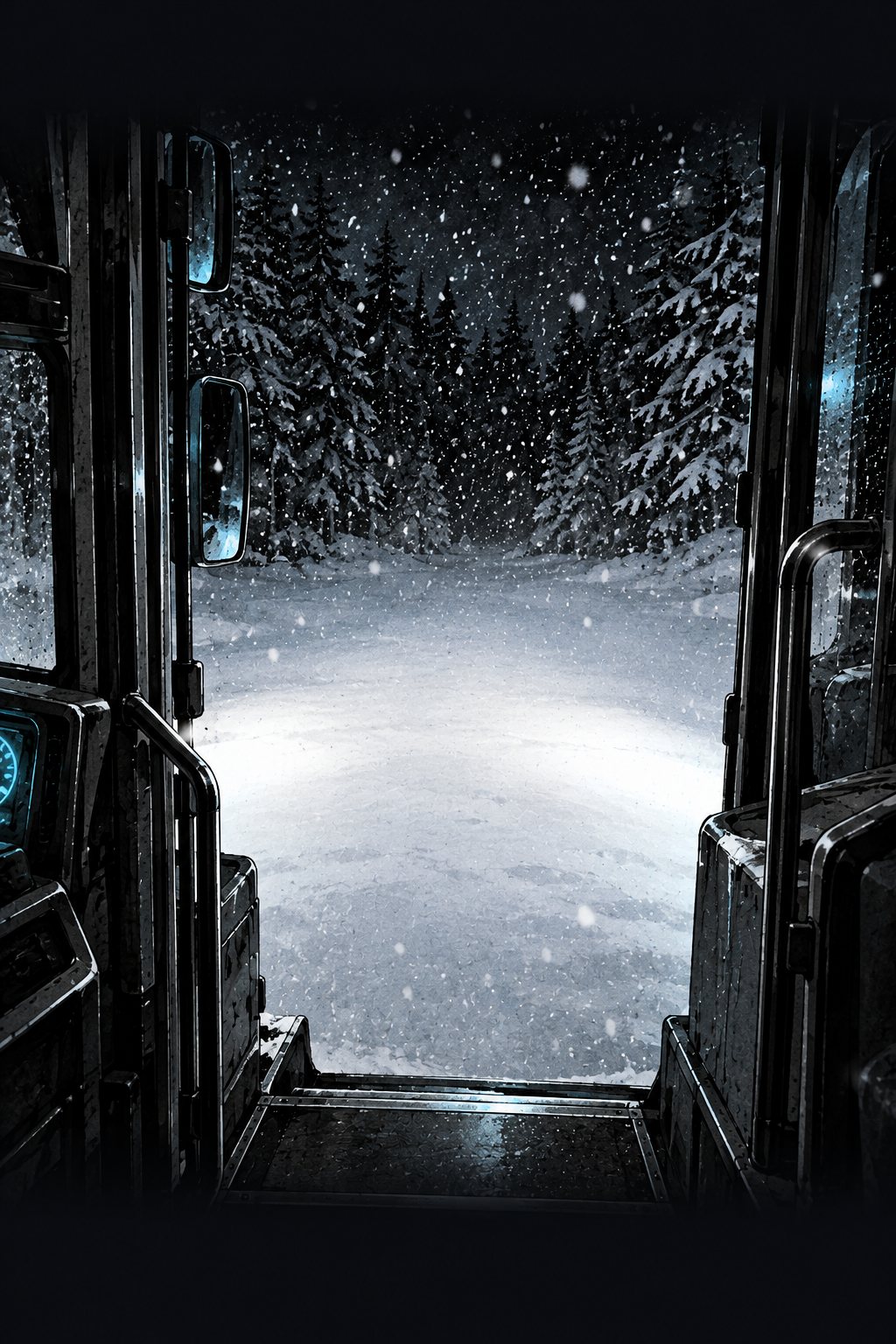 バスの前の扉のガラス越しに見た外。前の明かりに照らされた雪の原は、どこまでも平らで、足跡ひとつない。