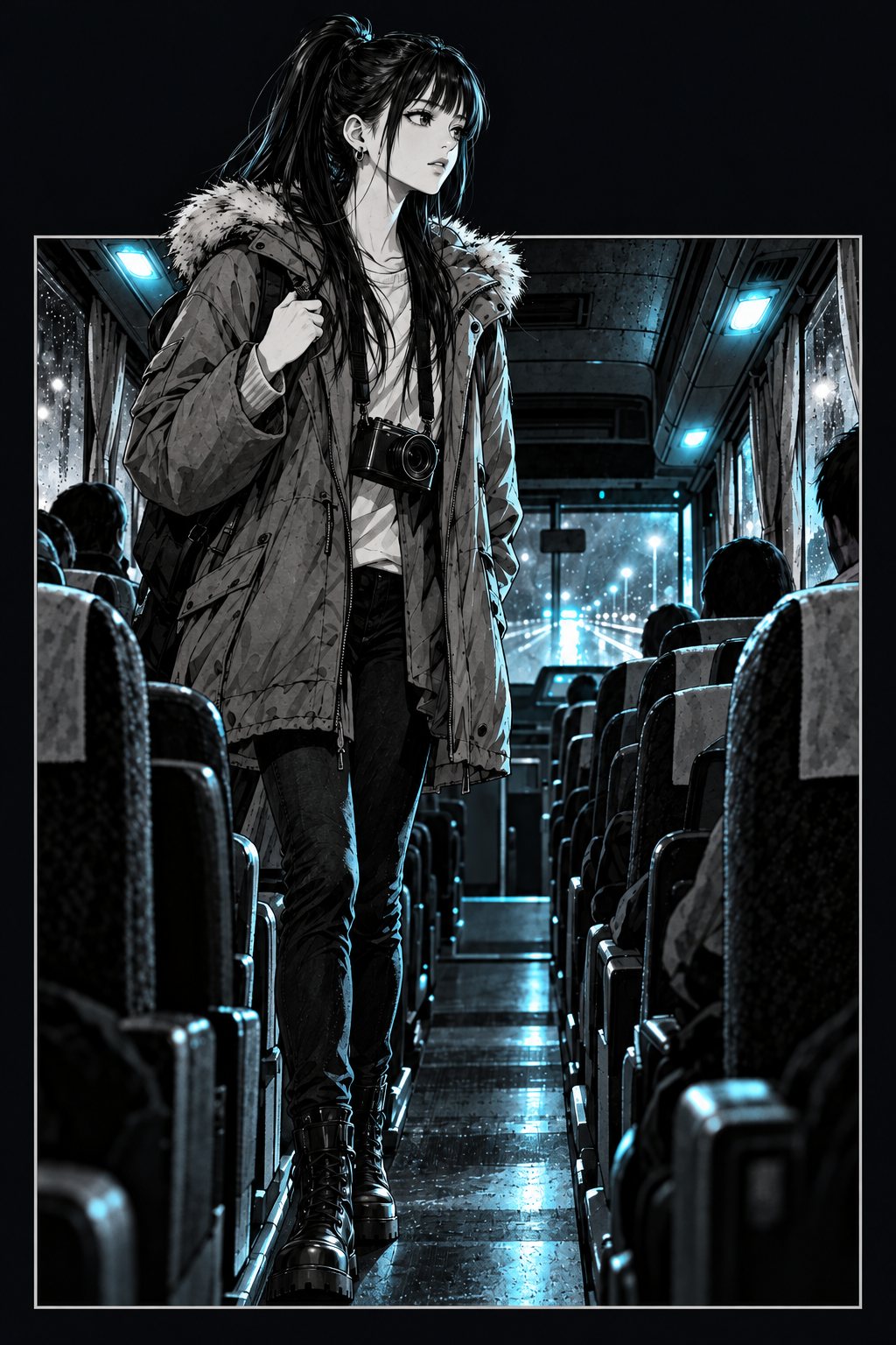 首からカメラを下げた背の高い女性が、通路に立ち上がる。後ろで、ほかの乗客たちが次々に体を起こす。