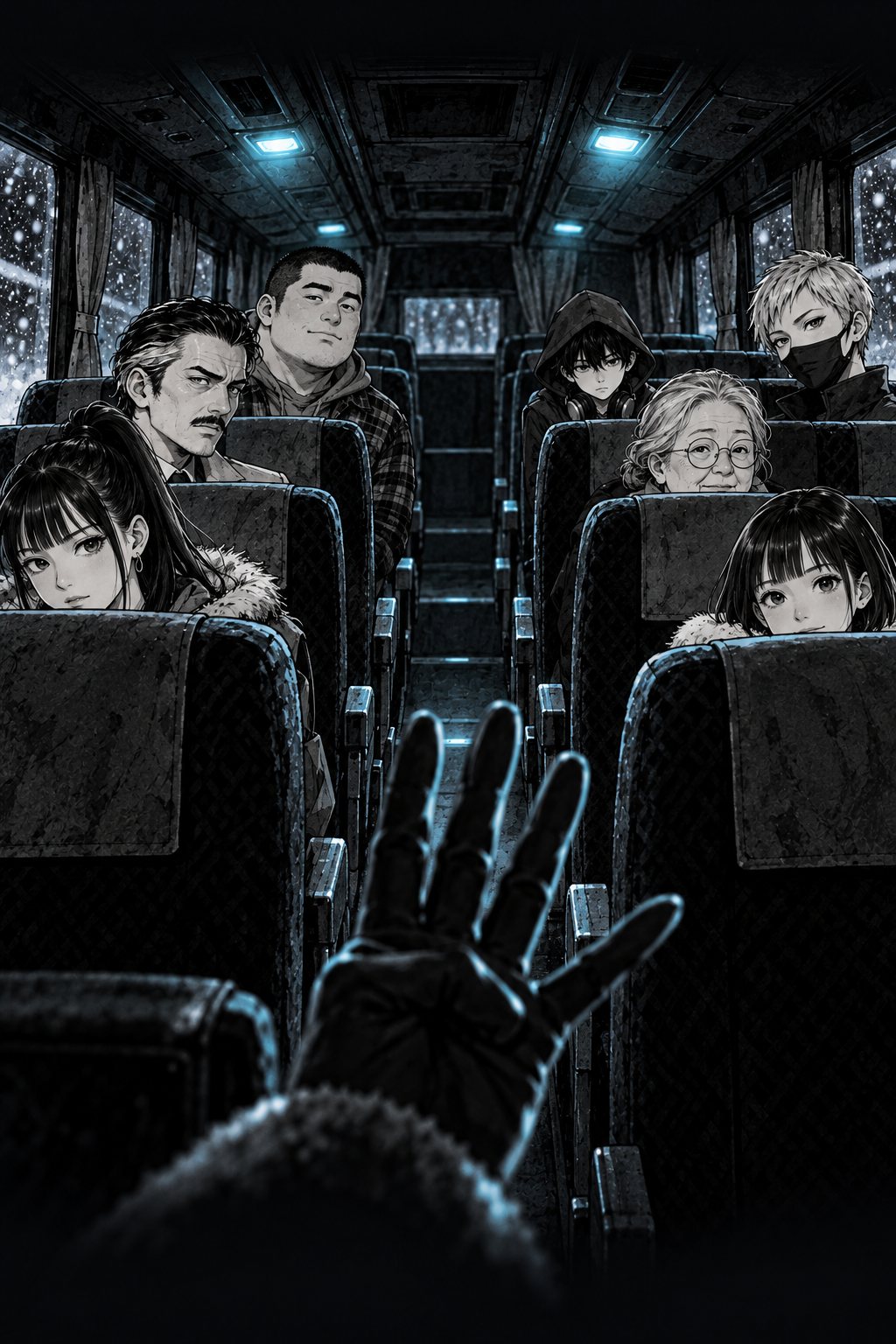 前から見た薄暗い車内。座席から頭がいくつものぞく。手前で老婦人が、指を一本ずつ折って数えている。