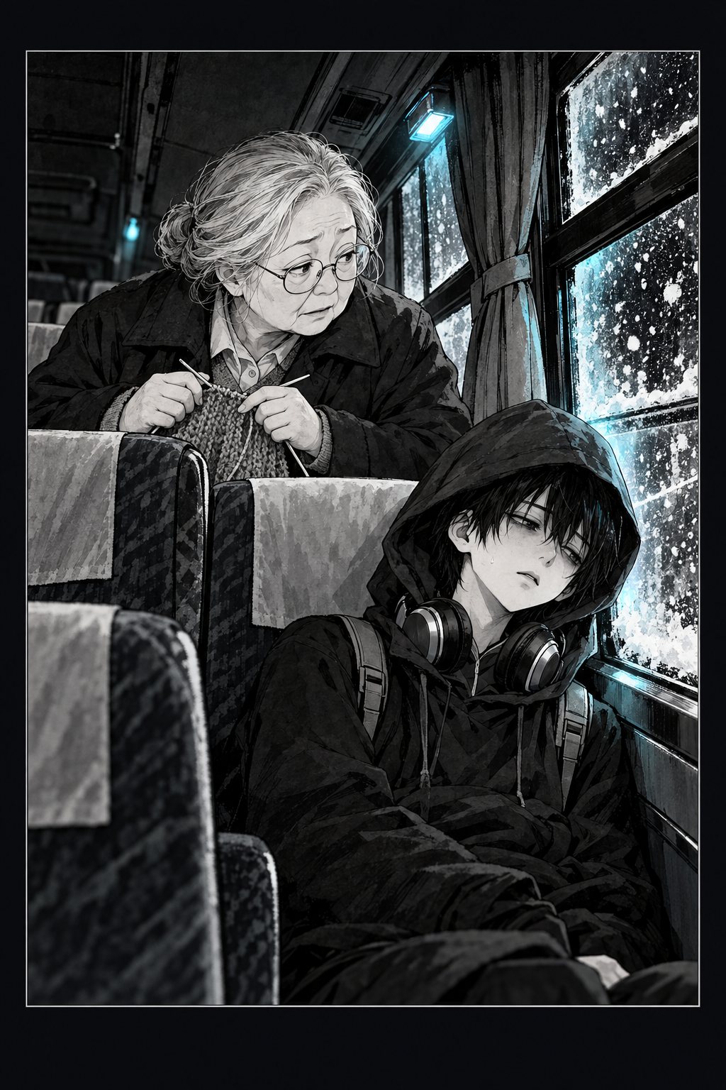 眼鏡の白髪まじりの女性が編み物の手を止め、後ろの席をのぞき込む。フードをかぶった少年が、ぐったりと窓にもたれている。