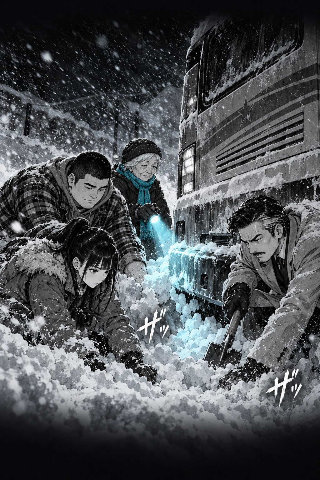 吹雪の中、バスの後ろで、ハルと大柄な青年とらくだ色のコートの男が、手と小さなスコップで雪をかき出す。老婦人が懐中電灯で足もとを照らす。「ザッ」「ザッ」の描き文字。