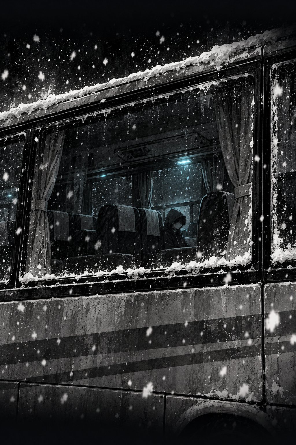 写真を大きくした一枚。雪の中のバスの暗い窓。その奥の座席に、フードをかぶった小さな人影が座っている。