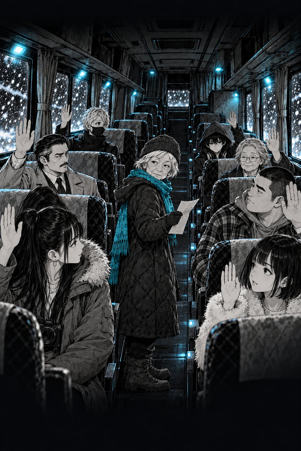 薄暗い車内の通路。老婦人が名簿を手に立ち、乗客たちが一人ずつ手を挙げている。