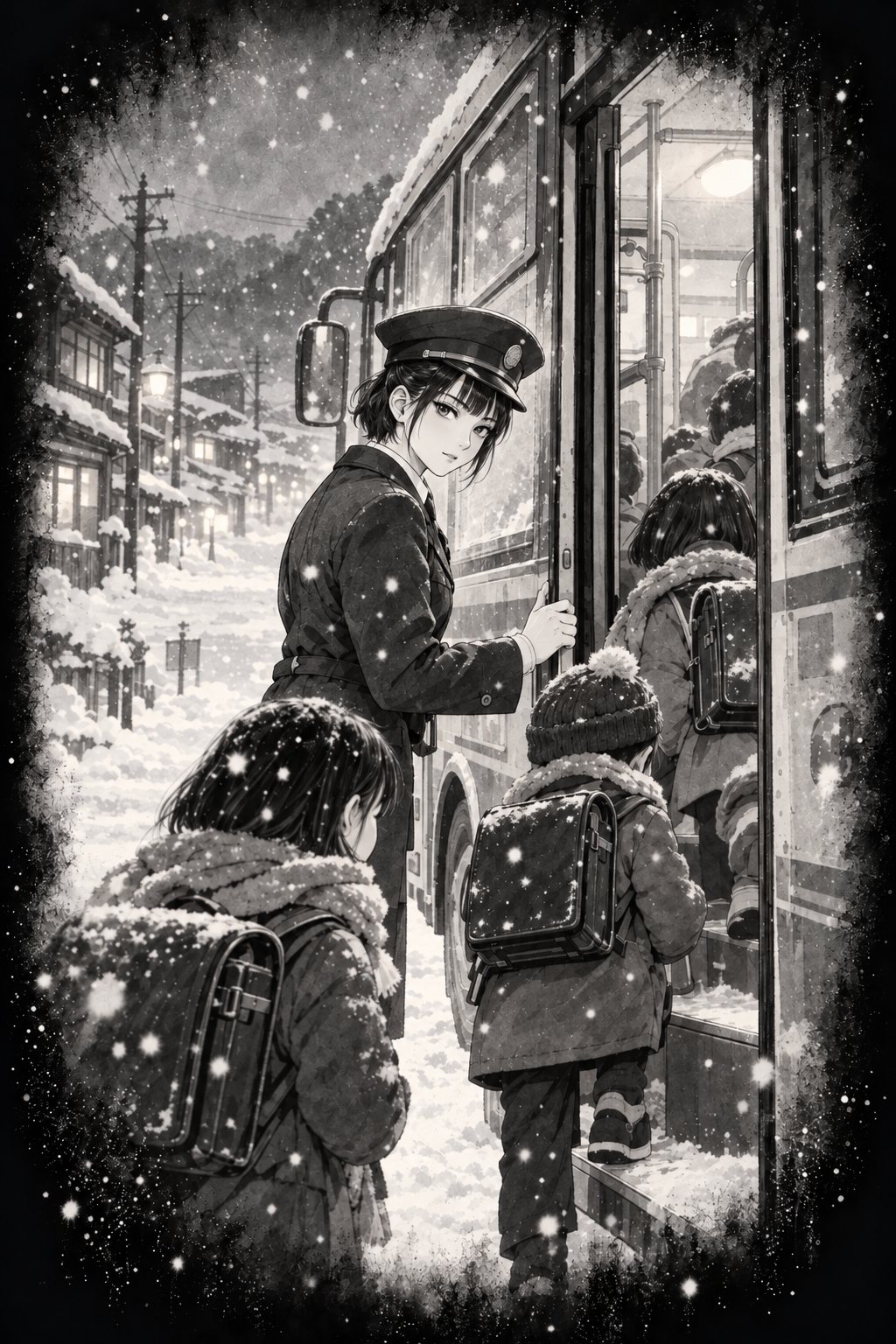 回想。昔の雪の町。若い女性の運転士が、制服姿で路線バスの扉を押さえ、ランドセルの子どもたちを乗せている。